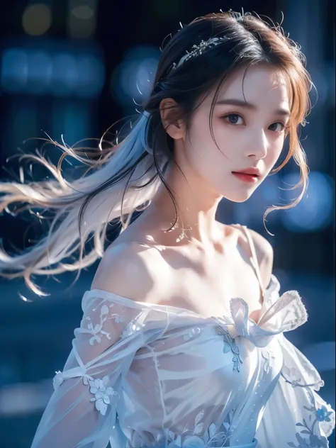 (((masterpiece))), best quality, illustration, 4k wallpaper, movie lighting, absurd, 1 girl,(snow,ice), snow花, in winter, white hair, shiny hair, curls, transparent clothes, frills, lace, wet clothes, leave_Shoulder, hair tie,masterpiece, telephoto lens, a...