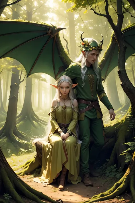 forest clearing, sunny day. There are two elves in the foreground, man and woman. In the center of the clearing there grows an ancient tree, magical flowers bloom around him. The dragon hovers over the clearing, his wings glow with golden light.