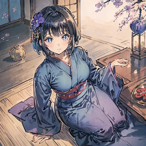 One girl,Best Quality,Super Fine,8k,Very detailed,(Beautiful hands,Beautiful fingers),Black Hair,Semi-long,Bangs,Moderately busty,(seiza,Blue kimono,flower arrangement),Japanese style room background