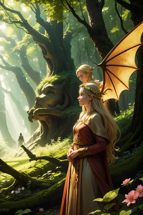 forest clearing, sunny day. There are two elves in the foreground, man and woman. In the center of the clearing there grows an ancient tree, magical flowers bloom around him. The dragon hovers over the clearing, his wings glow with golden light.