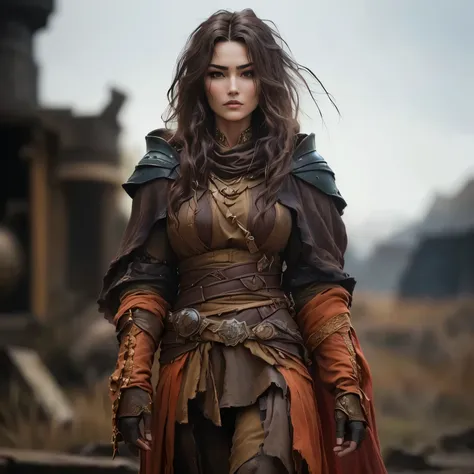 arafed woman in a brown outfit standing in a field, as a medieval fantasy character, mortal engines, fantasy character photo, st...