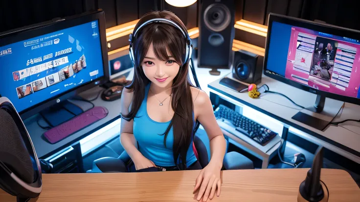 realistic,, japanese long wavy hair in the end, beautiful bang, blue eyes, ((wearing tight tanktop)), short pants, korean girl , monitor, flat chest, (beautiful bang), computer,, ((highlight cheerful smile)),,, gaming set, table, classic theme setting, HEA...