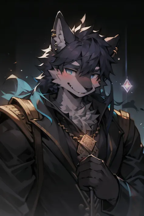 A majestic masterpiece! A strong, black-haired fox, with an air of mystery, gazes out at the audience. His piercing eyes - one a deep purple, the other a bright blue - seem to hold secrets within their different pupils. With tarot cards in hand, he present...