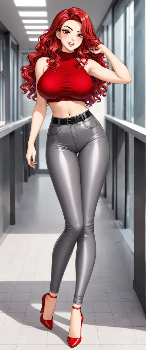  a young beautiful woman big breasts beautiful attractive sexy kind happy long wavy red hair her light red eye black eyebrow slim long pink lip wears long sleeved metallic red top shows belly button and dark grey pants black belt red heels without socks