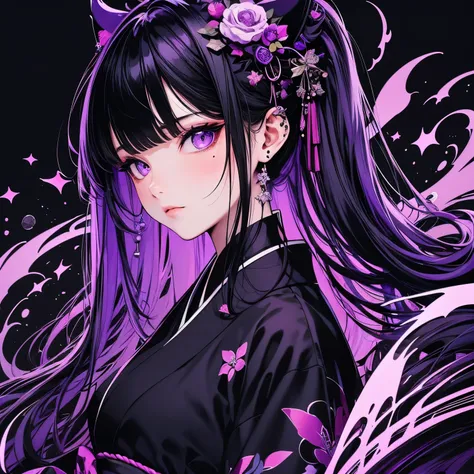 (masterpiece), Best Quality, Ultra-high resolution,Devil with a black ribbon、Purple Hair、Purple eyes、whole body、Taisho Romance、Cool、Stylish、kimono、（Hakama:1.3）、Black Cat