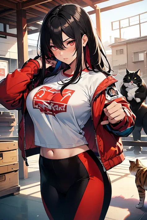  ((Beautiful woman:1.4)),(Realistic:1.4) (8k, RAW Photos), (masterpiece, ultra quality:1.2, 8k, beautiful), Very detailed face, Attention to detail,((1cat), brown) ,(girl:1.3, (sparring with sandbag with cat), (dynamic posing), (stylish boxing outfit), (T-...