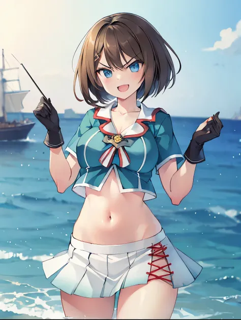 masterpiece, best quality, integrated scenery, integrated background, extremely delicate and beautiful, meticulous details, good composition, , cute face, perfect face, perfect hands, 1young_teen_ girl, , brown_hair, medium_bob_hair, blue_midriff_baring_sa...