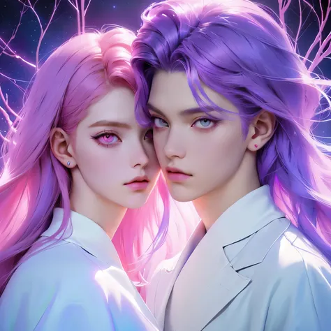 they are two children with purple hair and red eyes, aerochromatic eyes, beautiful sci-fi twins, ghost children, Bip and jeremiah ketner, Bip and james jean, Bip. hiperrealismo, petra collins e mc. Escher, cinematic pastel lighting, Maxim Sukharev, realism...