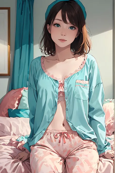 best quality, masterpiece, detailed, realistic, RAW photo, portrait, medium close up Teal, Coral, and Cream colors a woman,  bedroom, pajamas