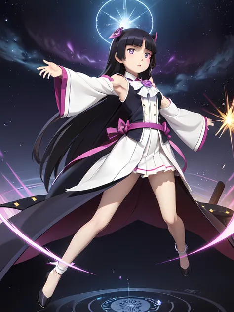 Moment of Final Battle, (ruri gokou), 1 female, Alone, Black Hair, Hime cut, Long Hair, In another dimension、A female wizard spreads her arms and releases powerful energy。A shining magic circle appears at her feet.、Space distorts and energies collide, expl...