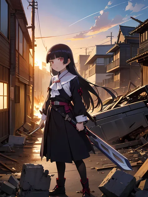 Moment of Final Battle, (ruri gokou), 1 female, alone, Black Hair, hime cut, Long Hair, Under the swirling flames of the sunset、A female warrior standing among the rubble of a ruined city。Her long hair and cape fluttering in the strong wind、He holds his sw...