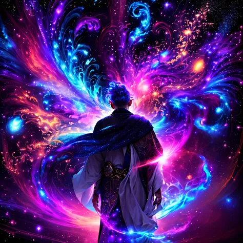 Image of a man standing in front of a galaxy, swirling magical energy, a shaman holding the universe, cosmic illumination, channeling spinning energy, energy emanating and flowing, Ascending Universes, cosmic energy, emanating dimensional magic, visible ma...