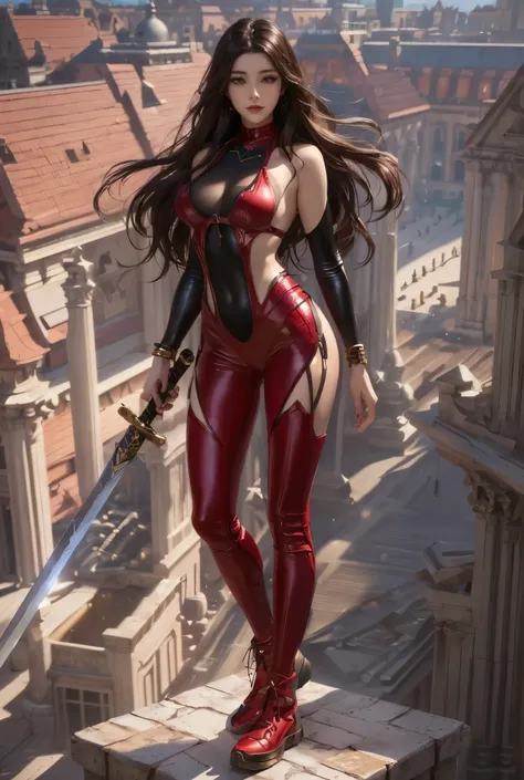 arafed woman in red outfit standing on ledge with sword, alena aenami and artgerm, stunning cgsociety, 3 d render character art 8 k, [ trending on cgsociety ]!!, stunning character art, cgsociety contest winner!!, full body cgsociety, 2. 5 d cgi anime fant...