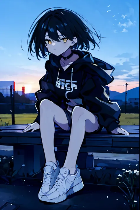 Girl, short black hair, wolf cut, yellow eyes, skinny body, small breasts, black hoodie, shorts, sneakers, black choker around neck, evening, wind blowing, sitting on bench, riverbank, sad, fleeting, best quality, highest resolution