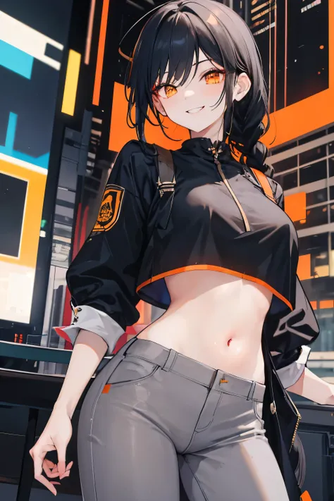 A beautiful girl with a mischievous smile, about the size of a high school girl, black hair in a single long braid, beautiful orange eyes that look slightly slanted。Her outfit was a soft, grey cyberpunk look with orange and yellow accents, her navel showin...