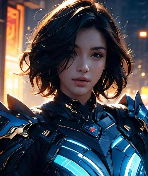 short wavy hair, beautiful woman, natural face, detail lips, detail eyes, detail face, detail skin, soft lighting, photorealistic, 8k, super detail, UHD, high details, dynamic pose, hips up view, futuristic armor with blue neon light details