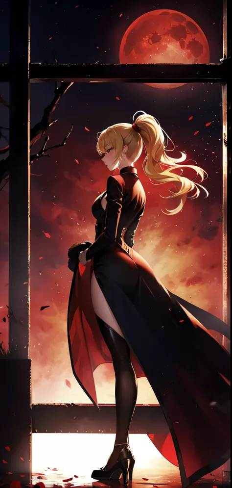 Blonde ponytail woman，long coat，Rear view，silhouette，sexy body，red forest，Red Moon，Red Night，Gate，Beyond the Gate, another world，