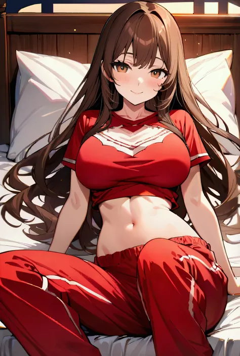 masterpiece, ultra detailed, best quality, illustrations, detailed Beautiful anime girl, detailed night bed scenery, sitting on bed, detailed brown hair, long hair, detailed beautiful face, detailed brown eyes, detailed sweet look, detailed sweet smile, de...