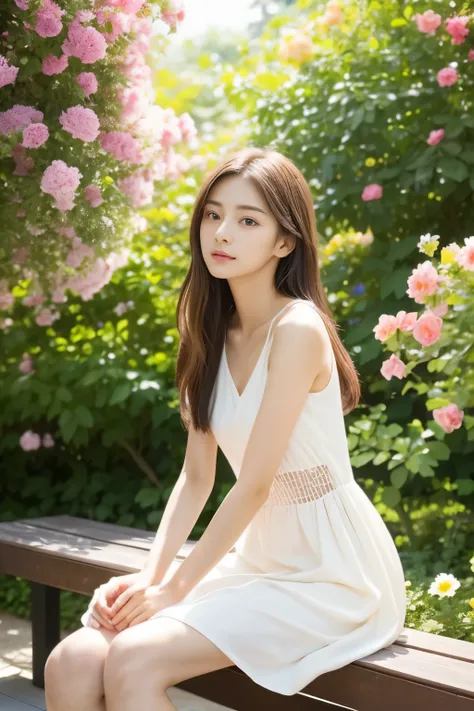 A young woman in her twenties with long brown hair, wearing a light, casual summer dress, sitting on a bench surrounded by blooming flowers. She gazes thoughtfully into the distance, enjoying a peaceful afternoon in a sunlit garden.