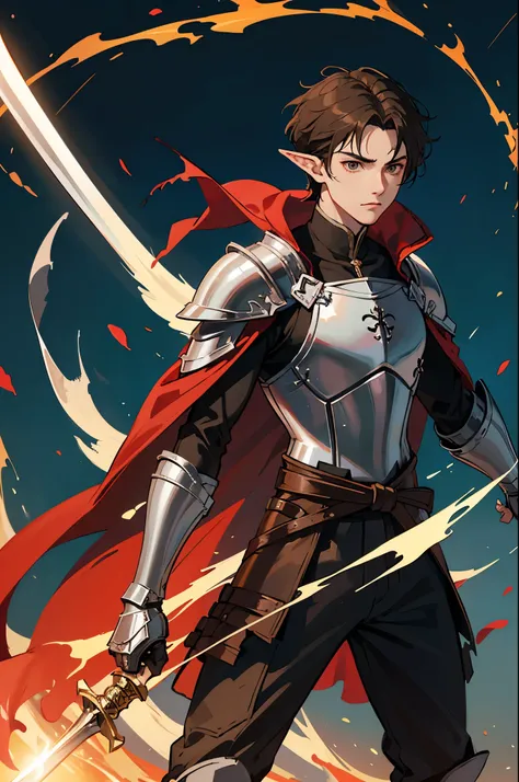 A 16-year-old teenage boy, a boy swordsman, wears a sword, brown hair color, straight hair, mans short hair, without a beard, without a goatee, no facial hair, pointed ears, elf ears, silver medieval knight armor, pauldrons, cuirass, gauntlets, red waist c...