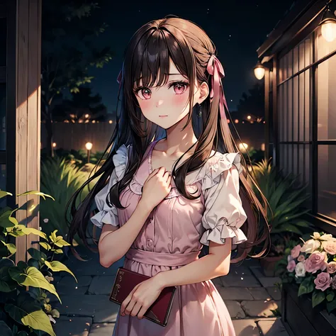 An anime-style girl with a dark expression. She has long, straight dark brown hair and soft brown eyes. She is wearing a simple and modest pastel-colored dress in shades of pink and lavender and has a small ribbon in her hair. She stands in a quiet nightti...