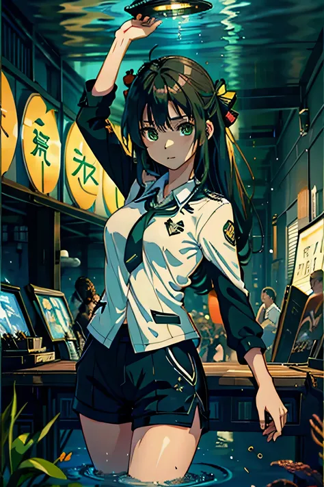 A girl in a uniform of green land shorts, a school of fish, underwater, swimming grilled fish, a submarine, a station sign, a treasure box,