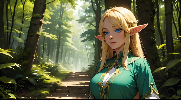 an elf with big breasts, blond hair and blue eyes, his pointed ears, his face expresses curiosity in a forest. she is wearing a ...