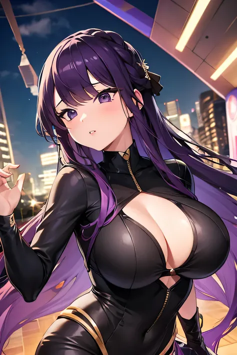 Masterpiece, best quality, night city, beautiful girl, beautiful face, purple hair, rider suit, big breasts,