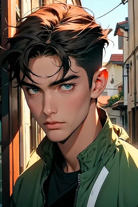 man hair brown green eyes in jacket in face