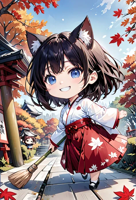 thin、cute、One Woman、japanese white clothes,red hakama,autumn leaves、Shrine grounds、Long black hair, (((Big smile)))、First Person View、Anatomically correct, 、(((Hold the handle of one bamboo broom with both hands)))、A large amount of autumn leaves are scatt...