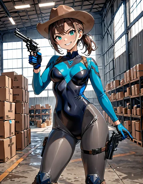 masterpiece, best quality, 8k, 1lady, solo, solo focus, (tall body), hispanic, brown hair, short hair, ponytail, blue-green eyes, medium breasts, beautiful detailed eyes, beautiful detailed face, smirk, ((brown cowboy hat)), (bodysuit, solid blue bodysuit,...