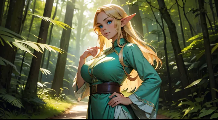 an elf with big breasts, blond hair and blue eyes, his pointed ears, his face expresses curiosity in a forest. she is wearing a ...