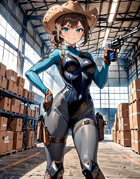 masterpiece, best quality, 8k, 1lady, solo, solo focus, (tall body), hispanic, brown hair, short hair, ponytail, blue-green eyes, medium breasts, beautiful detailed eyes, beautiful detailed face, smirk, ((brown cowboy hat)), (bodysuit, solid blue bodysuit,...