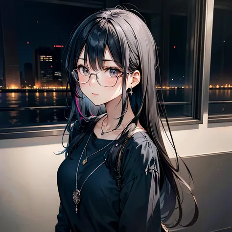 An anime-style girl with a dark expression. She has long, straight black hair and deep gray eyes. She is wearing a chic and modern outfit in shades of navy blue and silver, accessorized with a sophisticatedly designed silver necklace. Inside an art museum ...