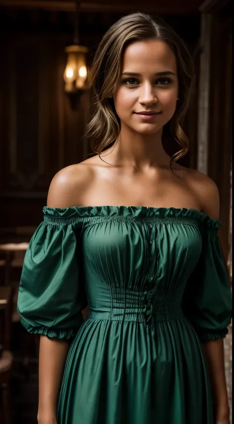 Foto hiperrealista en primer plano de Alicia Vikander, masterpiece, best quality, (photorealistic:1.4), full body, (wearing green French Traditional 1800s dress shoulder off:1.2) tavern, cinematic light, beautiful woman, skinny, medium breasts, dark blond ...