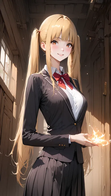 ((masterpiece,Best Quality:1.3,best quality illustrations,realistic)),cowboy shot,portrait,1 woman,adult,(twin tails hair),long hair,blonde hair,very small head,bangs,brown eyes,(gorgeous eyes),smile,very long body,medium breasts,(School uniform、Black blaz...