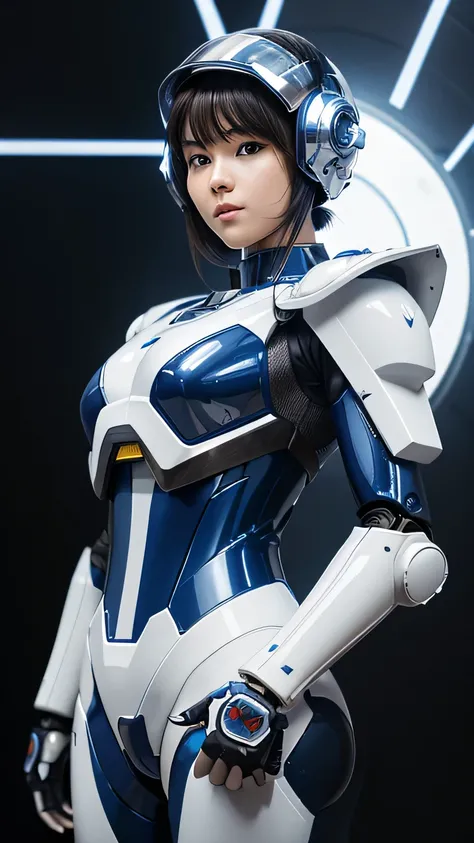 Close-up of a robot with a helmet and a blue and white suit, Fourze, HEV Suit, Cyber Armor, Cyber Japan Armor, Cyber Suit, Cyber Suits, Cyber Japan style armor, Porcelain Cyborg Armor, Blue and ice silver armor, full body Mecha suit, Cyber Suit, Sci-Fi Sui...