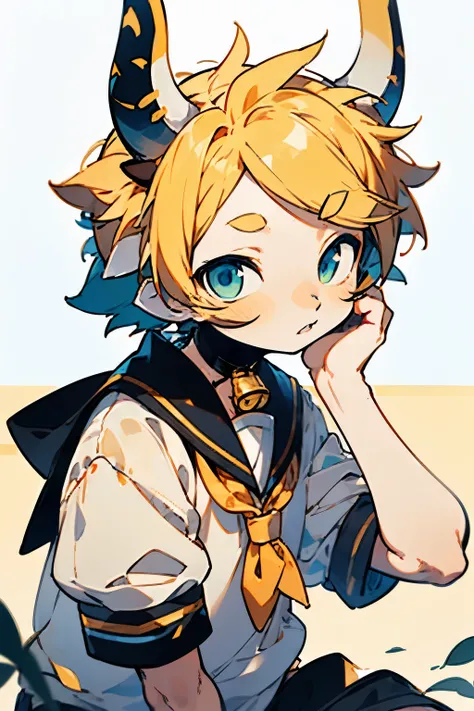 1 , Feminine face and body, Male cow hybrid, Cow ears, Small cow horns, Bell collar, Short Blonde/Yellow hair, Light blue sleepy eyes, Light skin, Wearing sailor clothes, Shy, Shota, Kagamine Len
