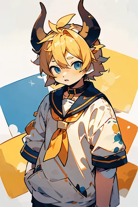 1 , Feminine face and body, Male cow hybrid, Cow ears, Small cow horns, Bell collar, Short Blonde/Yellow hair, Light blue sleepy eyes, Light skin, Wearing sailor clothes, Shy, Shota, Kagamine Len
