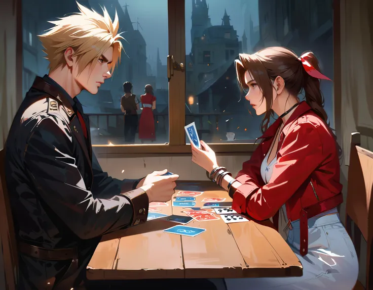 (masterpiece), (high quality), (realistic 1.5), aerith, card game,sitting,cloudstrife,(there must be only two people in the imag...