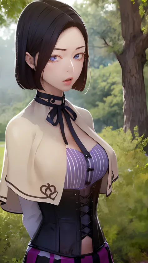 1girl,    sooahdef, short hair
BREAK ((striped shirt, neck ribbon, black ribbon, black corset, purple skirt, capelet:1.5)) 
BREAK outdoors, day, ((arms behind back:1.5)), :o, looking at viewer,
BREAK (masterpiece:1.2), best quality, high resolution, unity ...