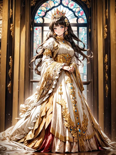 ((ultra hd)), ((super detailed)), ((best quality)), (((princess with a young face))), vibrantly colored rococo victorian gown, b...