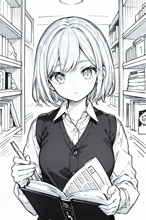 girl,Black and White、 Wearing a white shirt, Read a book, （High resolution:1), (detailed:1.3), (perfection:1.3), (perfectionion:1.3), 