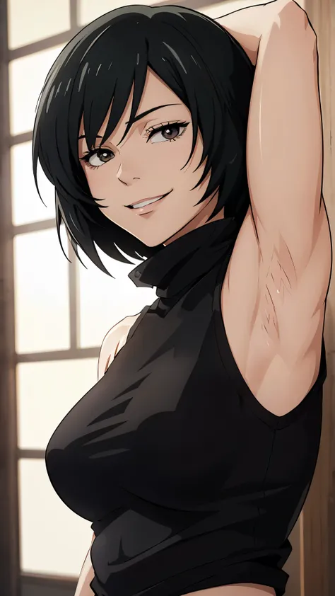 Mai, Portrait, masterpiece, 8k, ultra high quality, ultra realistic, ultra high definition, anime art, smiling, cute, seductive, armpits visible, detailed armpits, turtleneck, black croptop