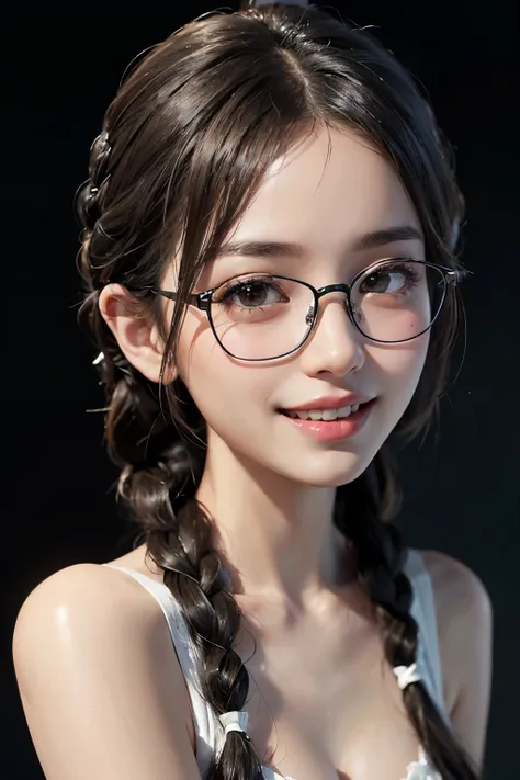 ((masterpiece)), ((best quality)), ((ultra-detailed)),((hyperrealistic)),(japanese cute girl),(shiny skin),1 ladyl,(black hair),long hair,braid hair,(black eyes,tareme,droopy eyes),(slenderbody),,glasses, happy smile, open mouth,portrait,


