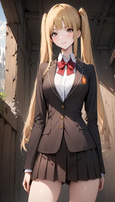 ((masterpiece,Best Quality:1.3,best quality illustrations,realistic)),cowboy shot,portrait,1 woman,adult,(twin tails hair),long hair,blonde hair,very small head,bangs,brown eyes,(gorgeous eyes),smile,very long body,medium breasts,(School uniform、Black blaz...