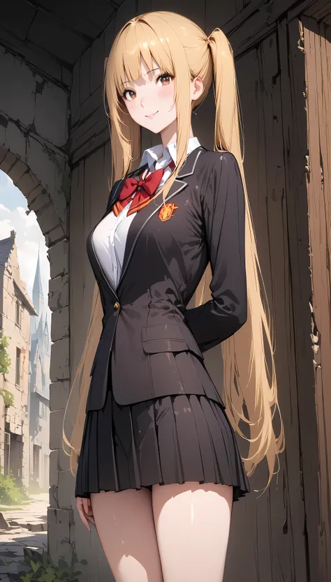 ((masterpiece,Best Quality:1.3,best quality illustrations,realistic)),cowboy shot,portrait,1 woman,adult,(twin tails hair),long hair,blonde hair,very small head,bangs,brown eyes,(gorgeous eyes),smile,very long body,medium breasts,(School uniform、Black blaz...