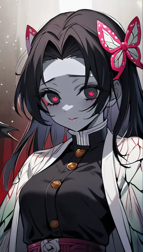 1girl, solo, kochou kanae, kimetsu no yaiba, demon, evil, evil side, black eyes, gray skin, demon eyes, black dress