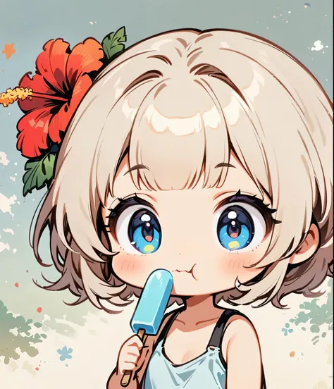 Eating a popsicle、Give me one bite、hibiscus、Cartoon style character design,1 Girl, alone,Big eyes,Cute expression,Tank top、interesting,interesting,Clean Lines