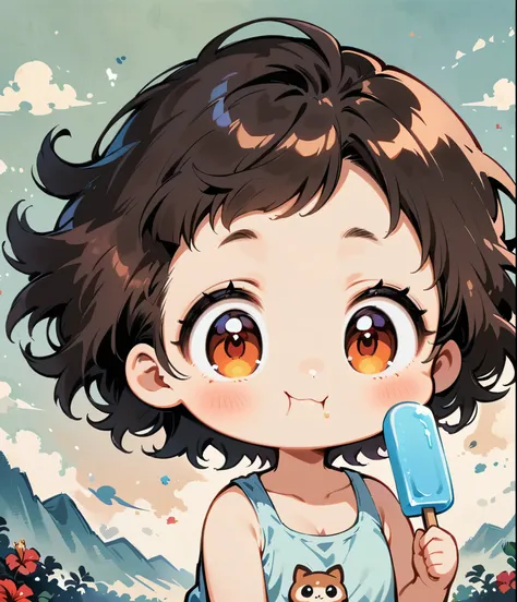 eating a popsicle、give me one bite、hibiscus、cartoon style character design，1 girl, alone，big eyes，cute expression，tank top、inter...